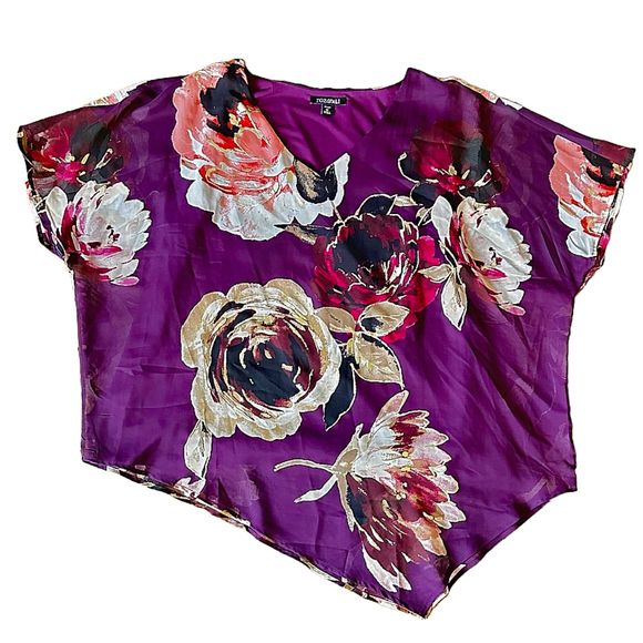 3 for $15 Roz & Ali Plus Size 1X Plum Floral Boho Asymetrical 2 layer Blouse - Picture 5 of 8